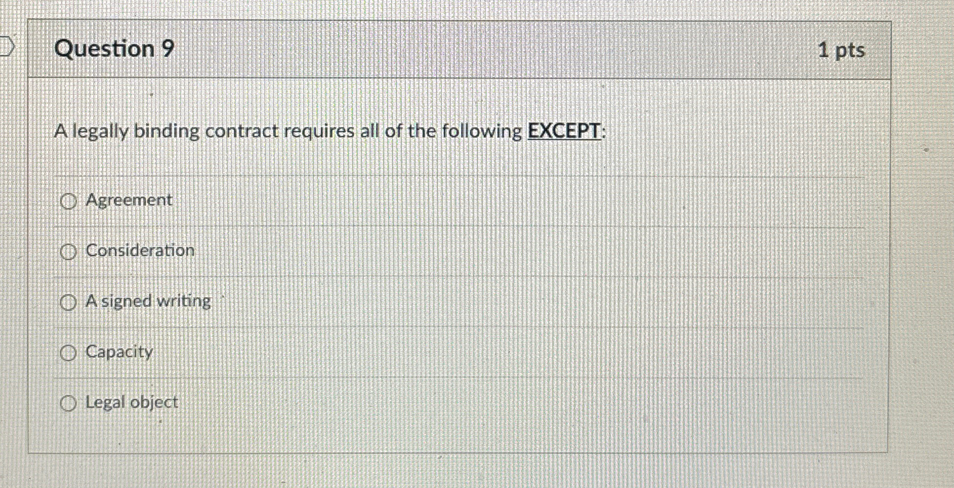  Question 9 1pts A legally binding contract requires all of the