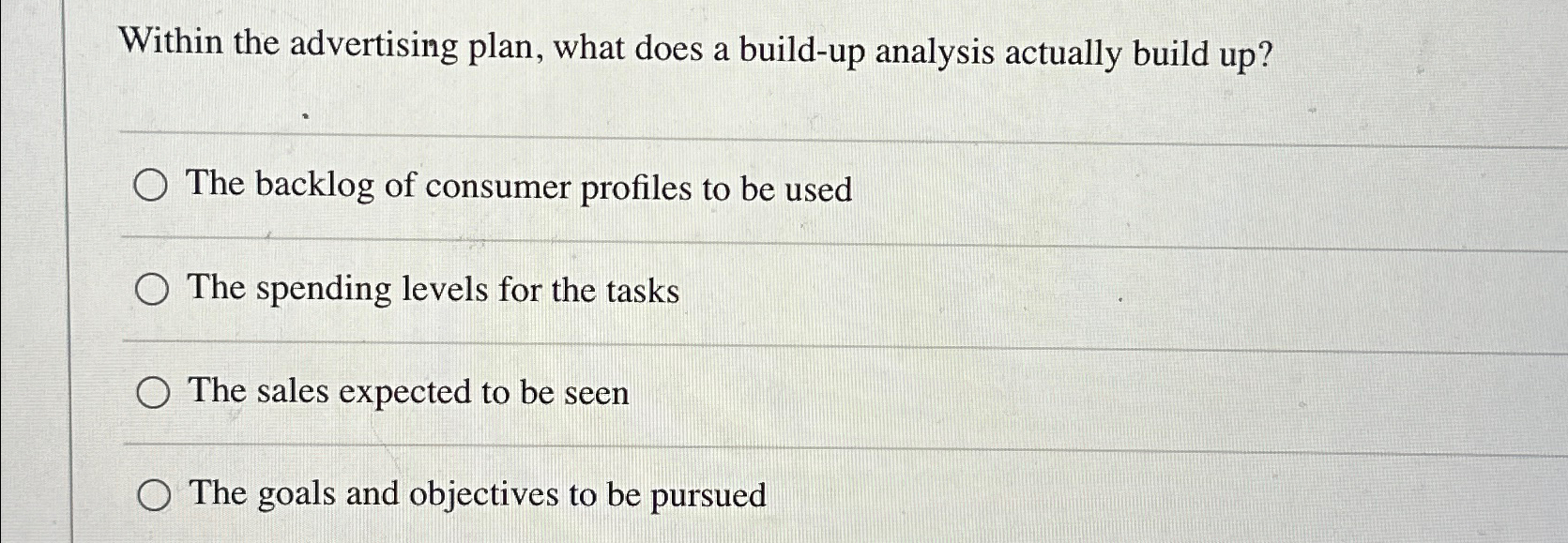  Within the advertising plan, what does a build-up analysis actually build