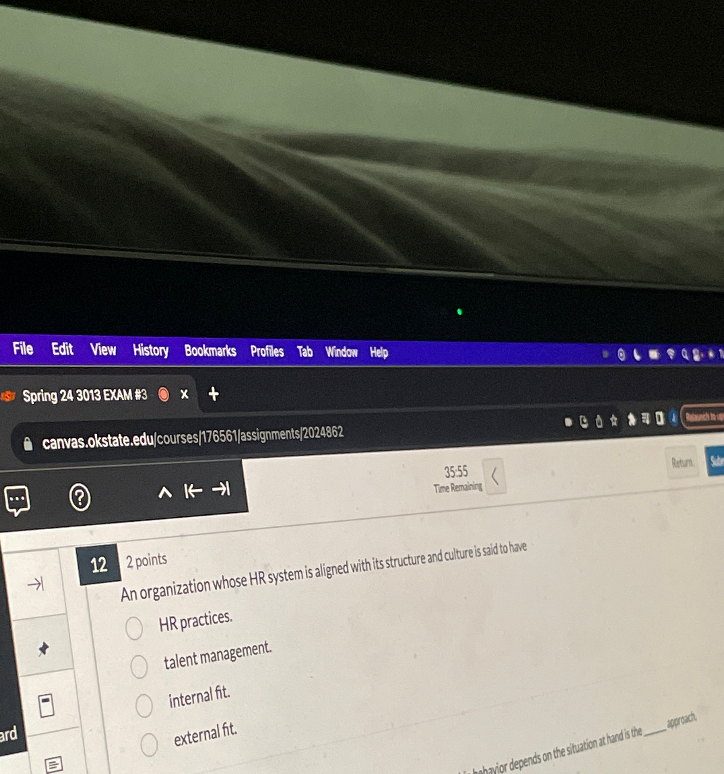  Spring 243013 EXAM#3 x canvas.okstate.edu/courses|176561/assignments/2024862 ???K|| 35.55 Retun. Time Renining 122