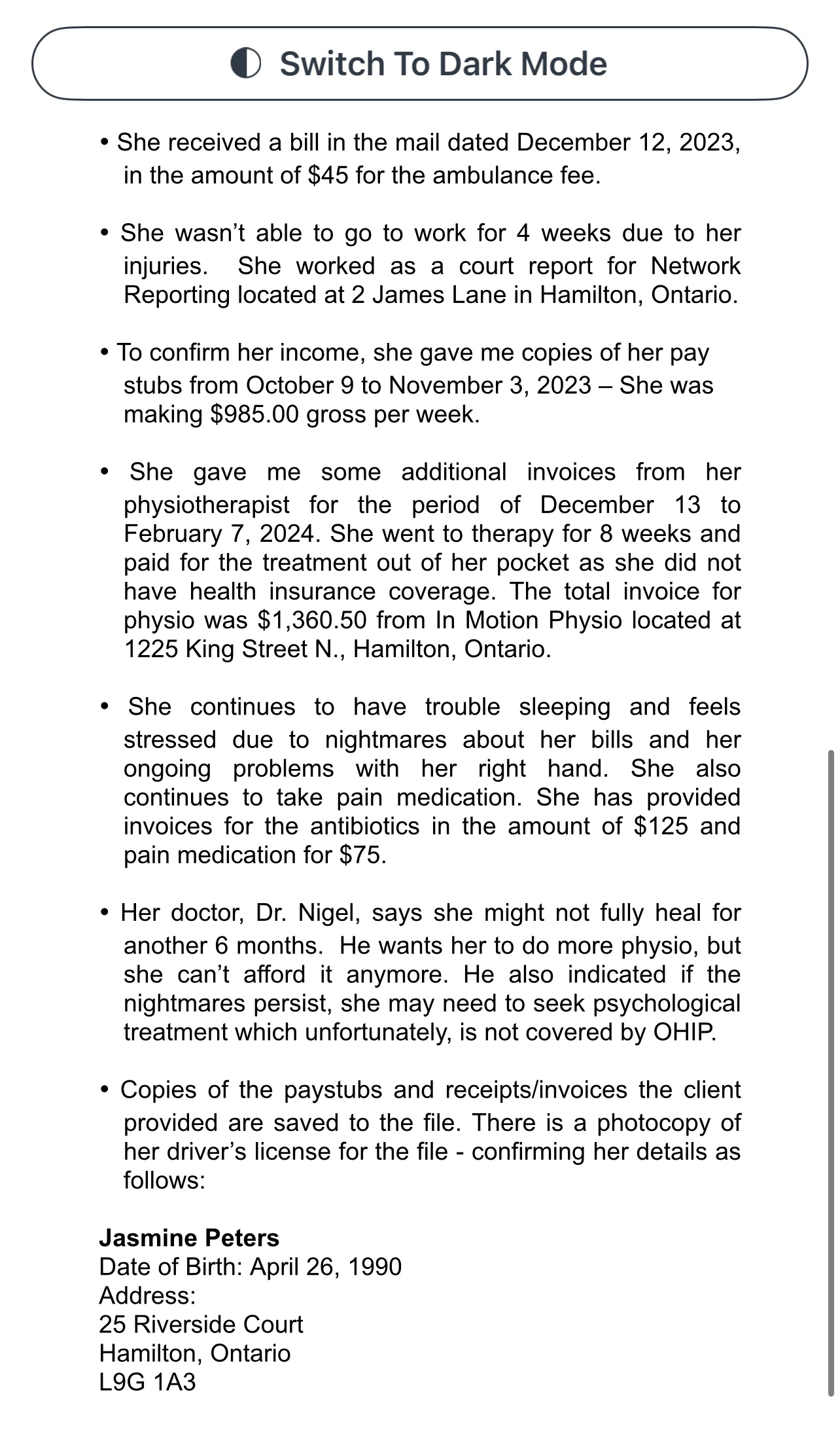 an affidavit drafted by a paralegal to help her case. Please use
