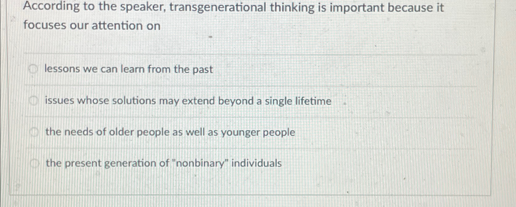  According to the speaker, transgenerational thinking is important because it focuses