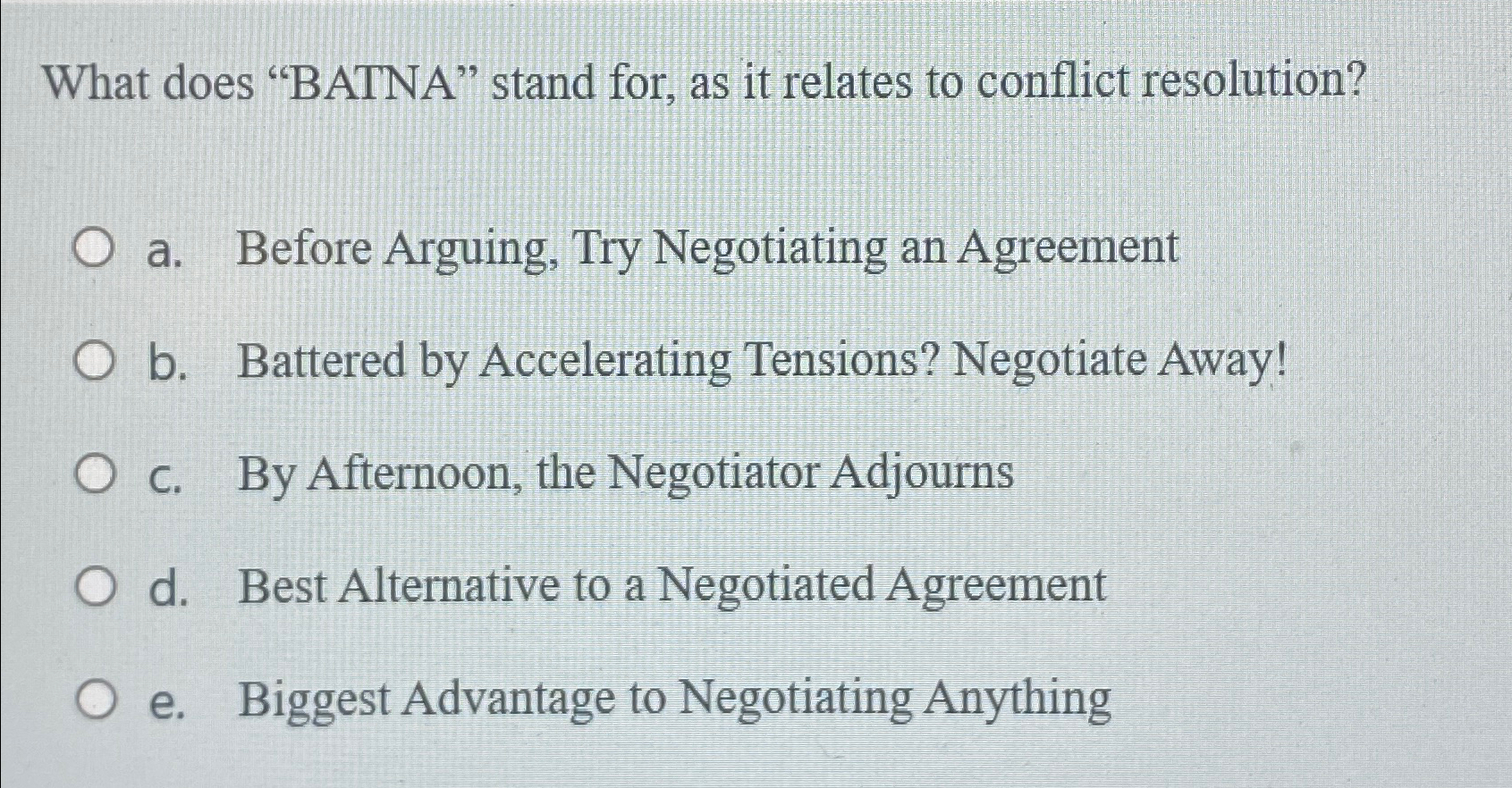  What does "BATNA" stand for, as it relates to conflict resolution?