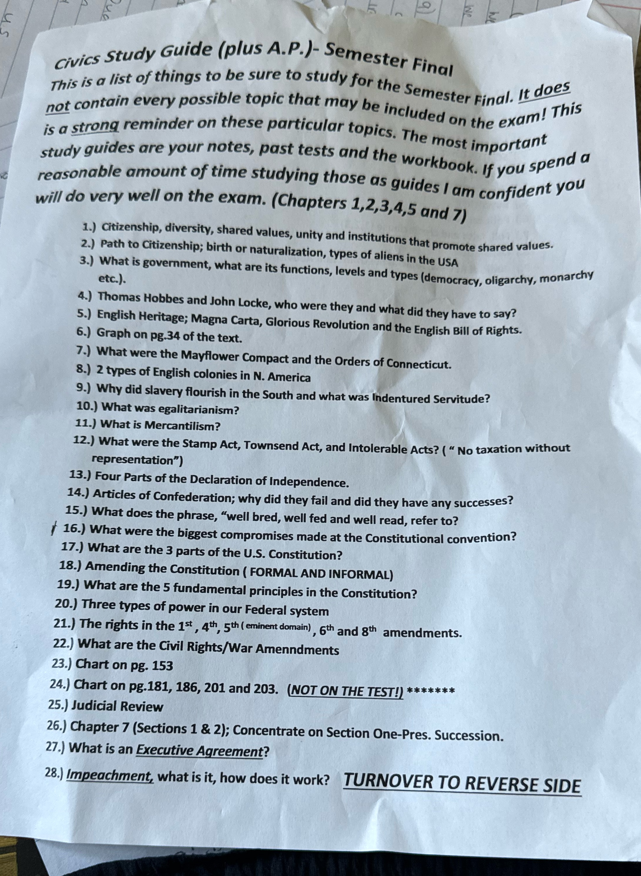  Civics Study Guide (plus A.P.)- Semester Final This is a list