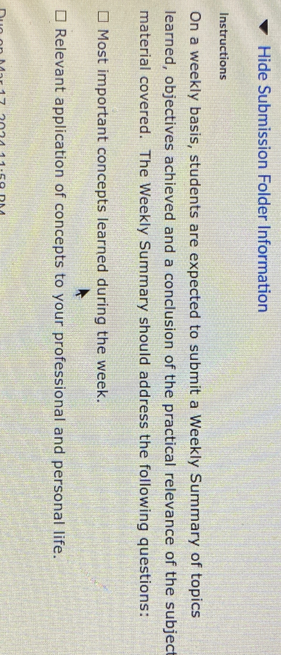  Hide Submission Folder Information Instructions On a weekly basis, students are