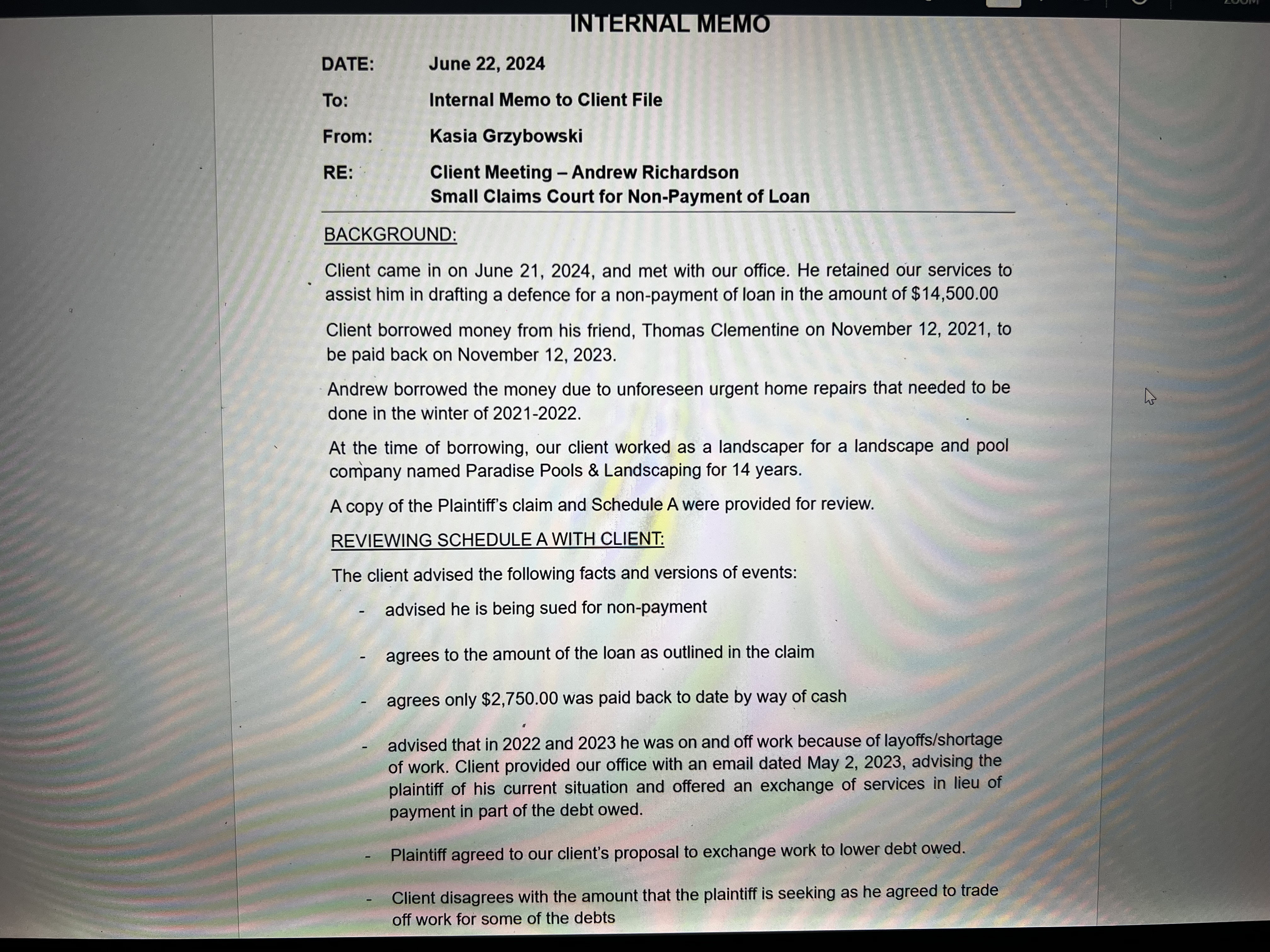 his friend, Andrew Richardson a loan in the amount of $14,500.00 on