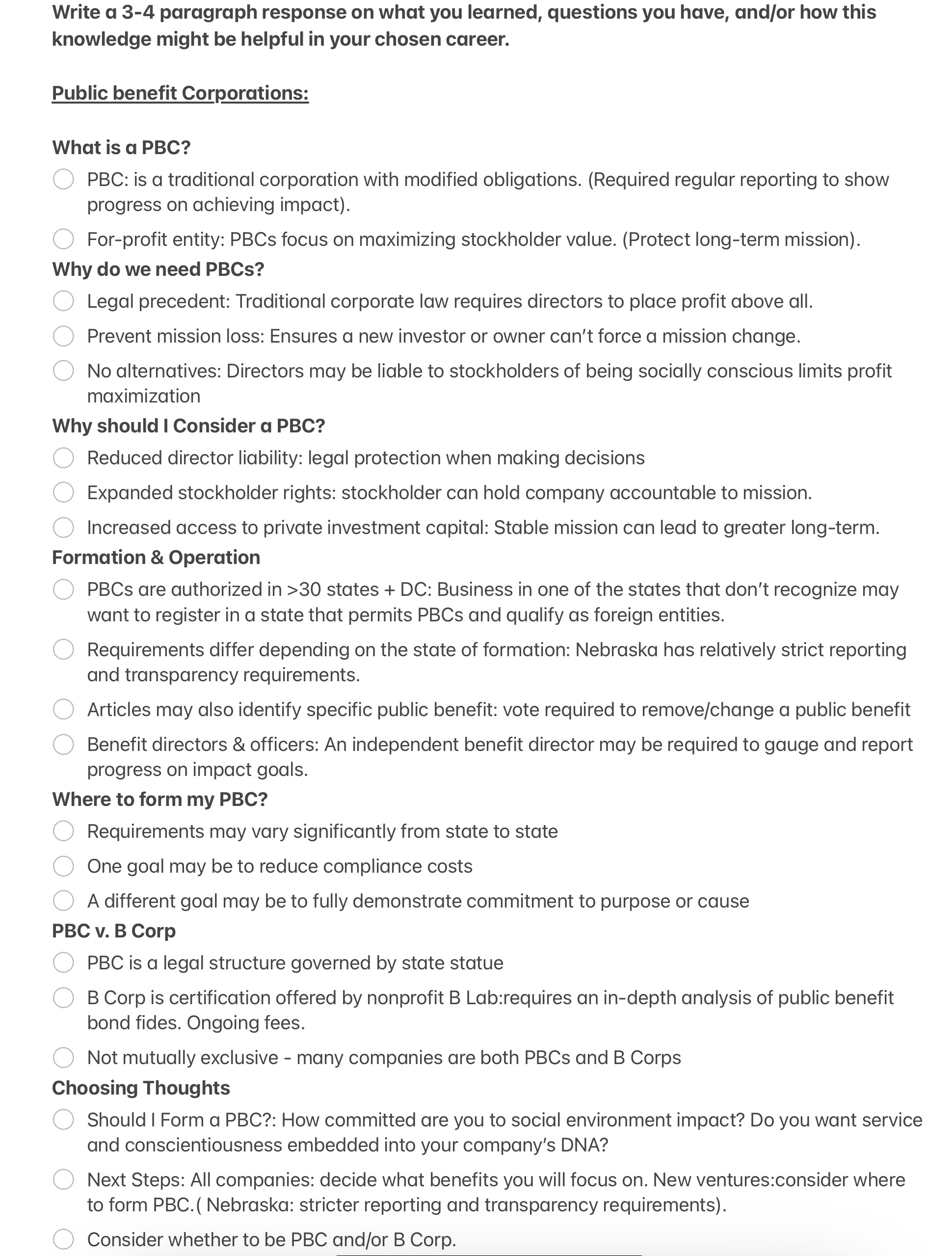 Need Help with this response about the topic "Public Benefit Corporations", what