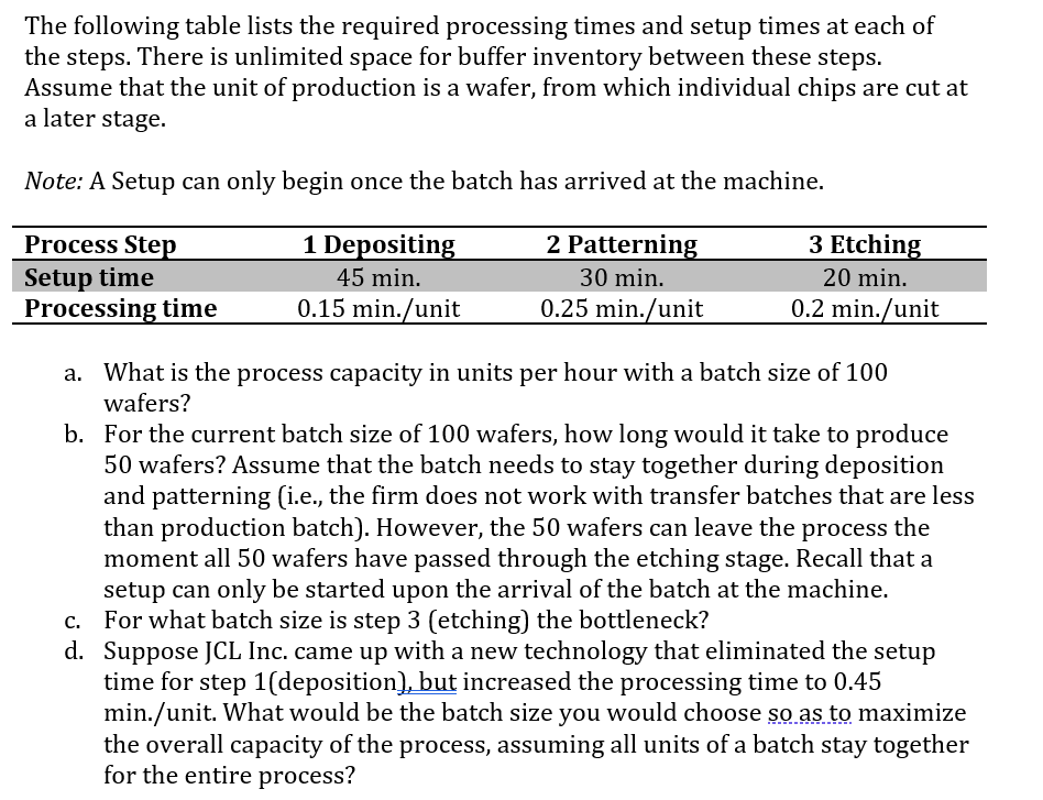  The following table lists the required processing times and setup times