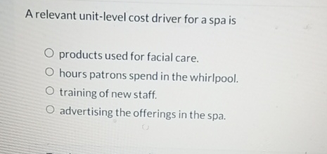 A relevant unit-level cost driver for a spa is products used