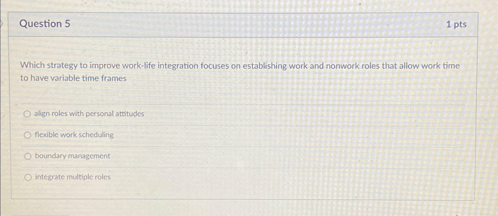  Question 5 1 pts Which strategy to improve work-life integration focuses