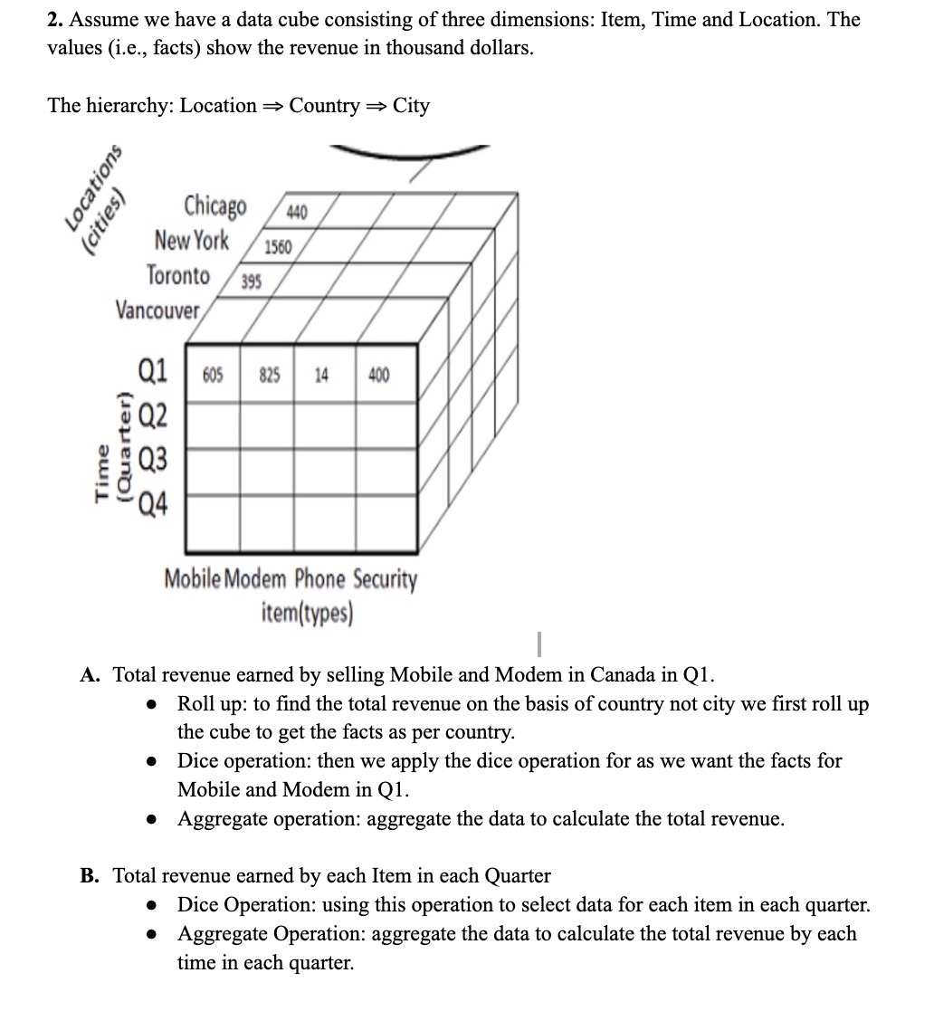  (2 points)[OLAP Operations] Assume we have a data cube consists of