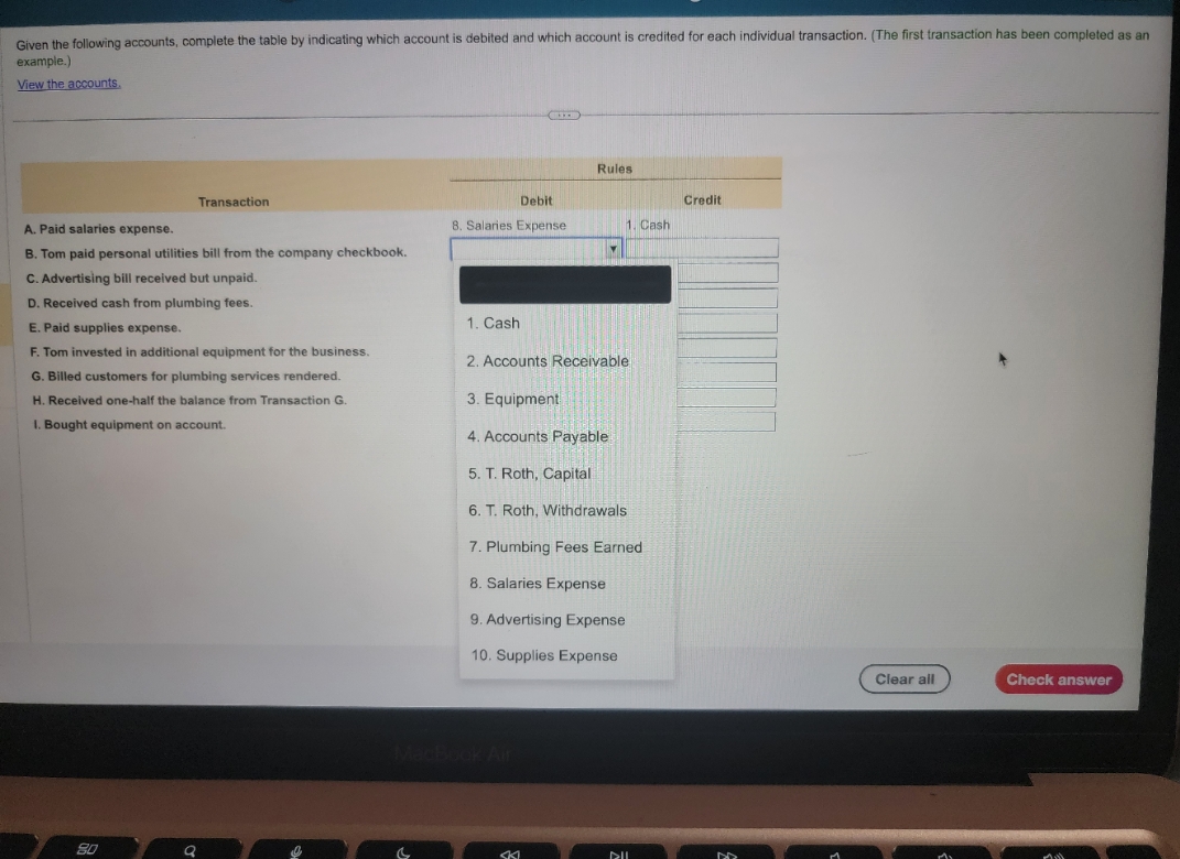 Given the following accounts, complete the table by indicating which account