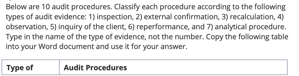 Below are 10 audit procedures. Classify each procedure according to the