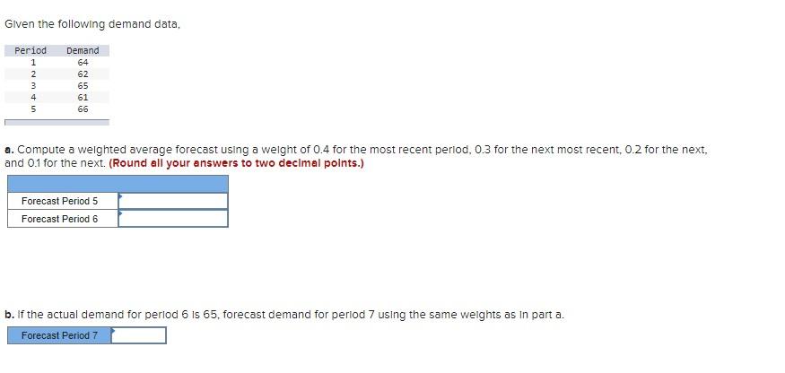  Given the following demand data, a. Compute a weighted average forecast