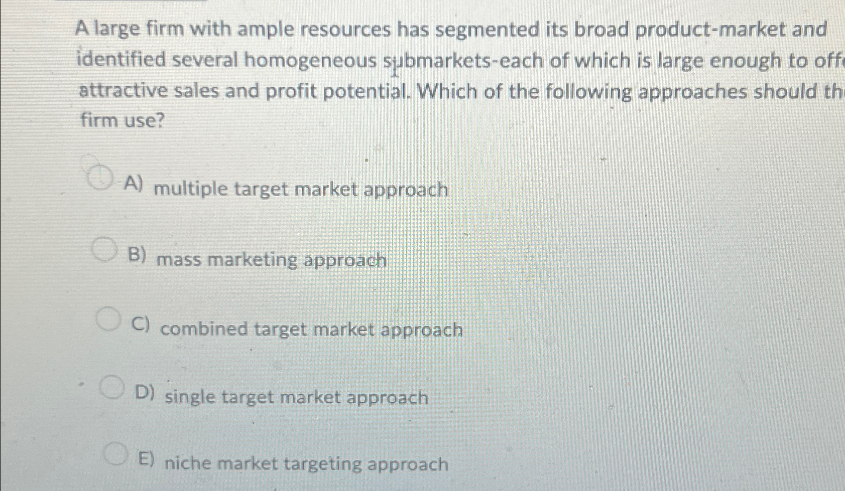  A large firm with ample resources has segmented its broad product-market