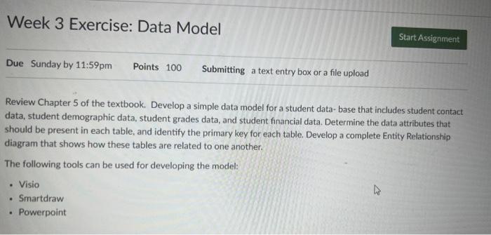  Review Chapter 5 of the textbook. Develop a simple data model