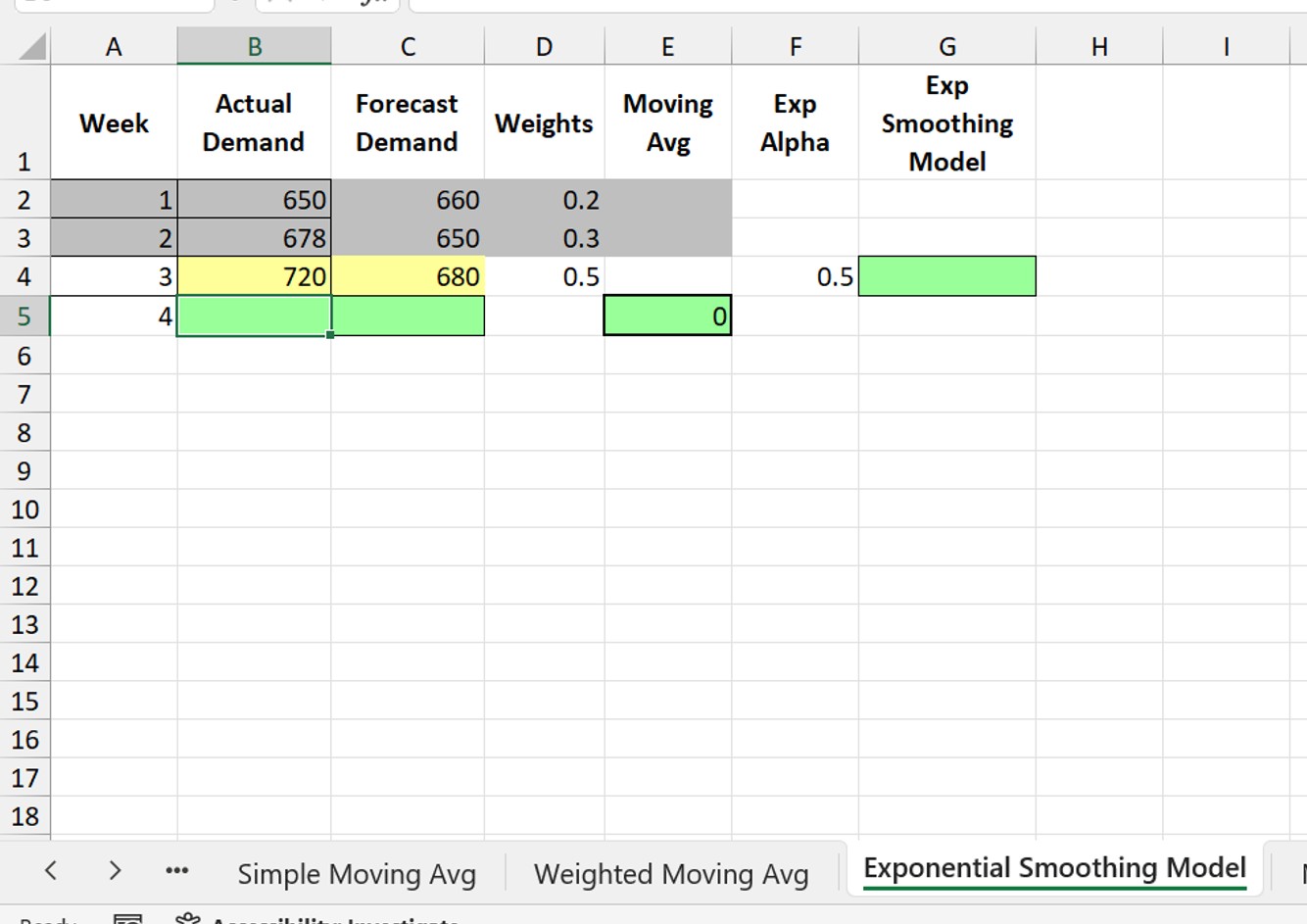  Fill in the green cells (exponential smoothing system) 