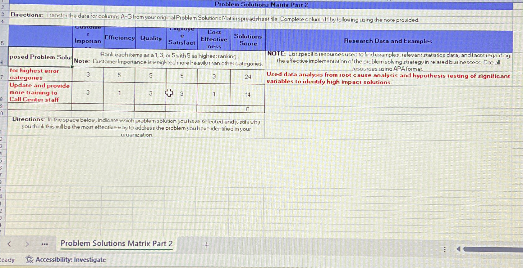  Problem Solutions Matrix Part 2 Directions: Transter the data for columns