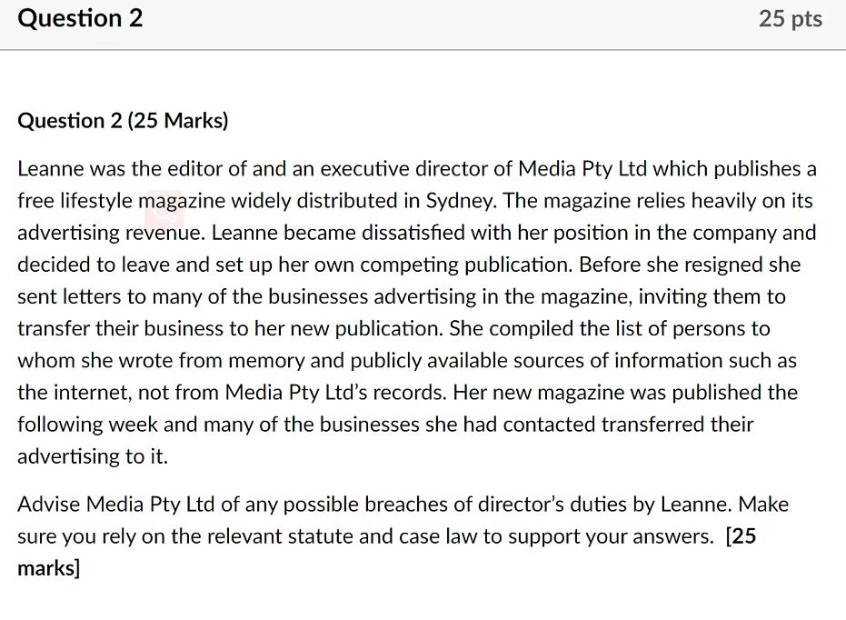 Pty Ltd is an Australian manufacturing company. Its board of directors recently