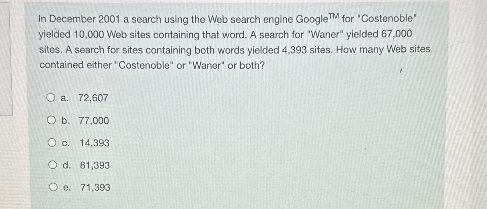  In December 2001 a search using the Web search engine Google