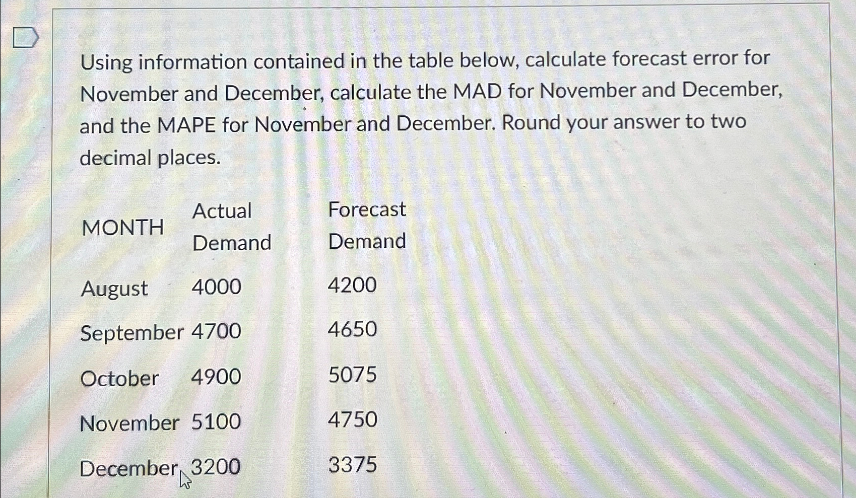  Using information contained in the table below, calculate forecast error for