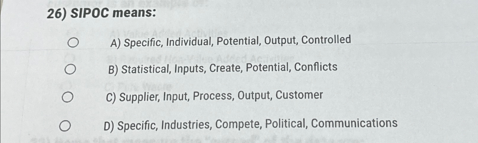  SIPOC means: A) Specific, Individual, Potential, Output, Controlled B) Statistical, Inputs,