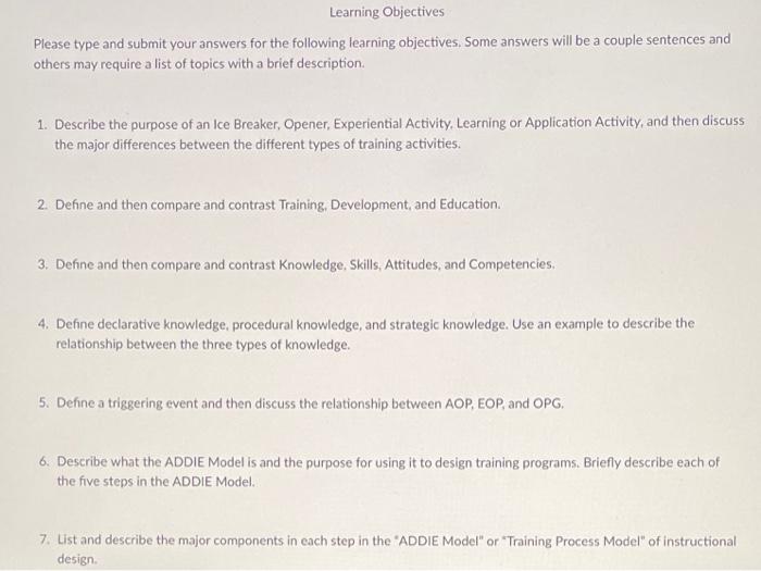  Learning Objectives Please type and submit your answers for the following