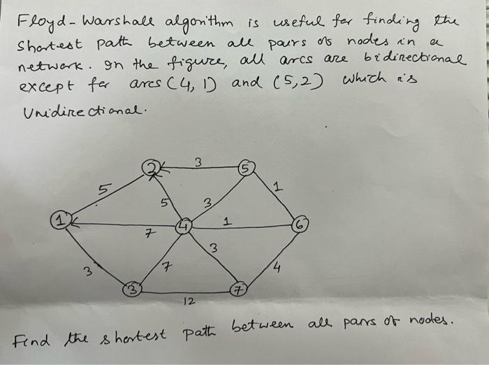  Floyd-Warshall algorithm is useful for finding the Shartest path between all
