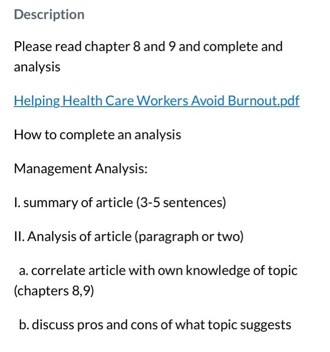  Description Please read chapter 8 and 9 and complete and analysis