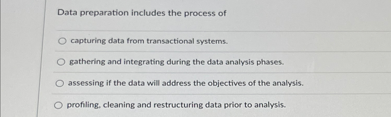  Data preparation includes the process of capturing data from transactional systems.