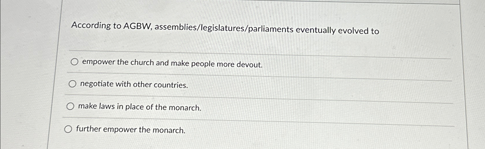  According to AGBW, assemblies/legislatures/parliaments eventually evolved to empower the church and