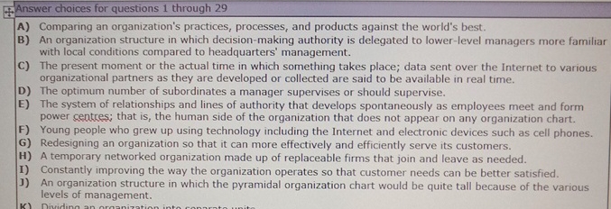  Answer choices for questions 1 through 29 A) Comparing an organization's