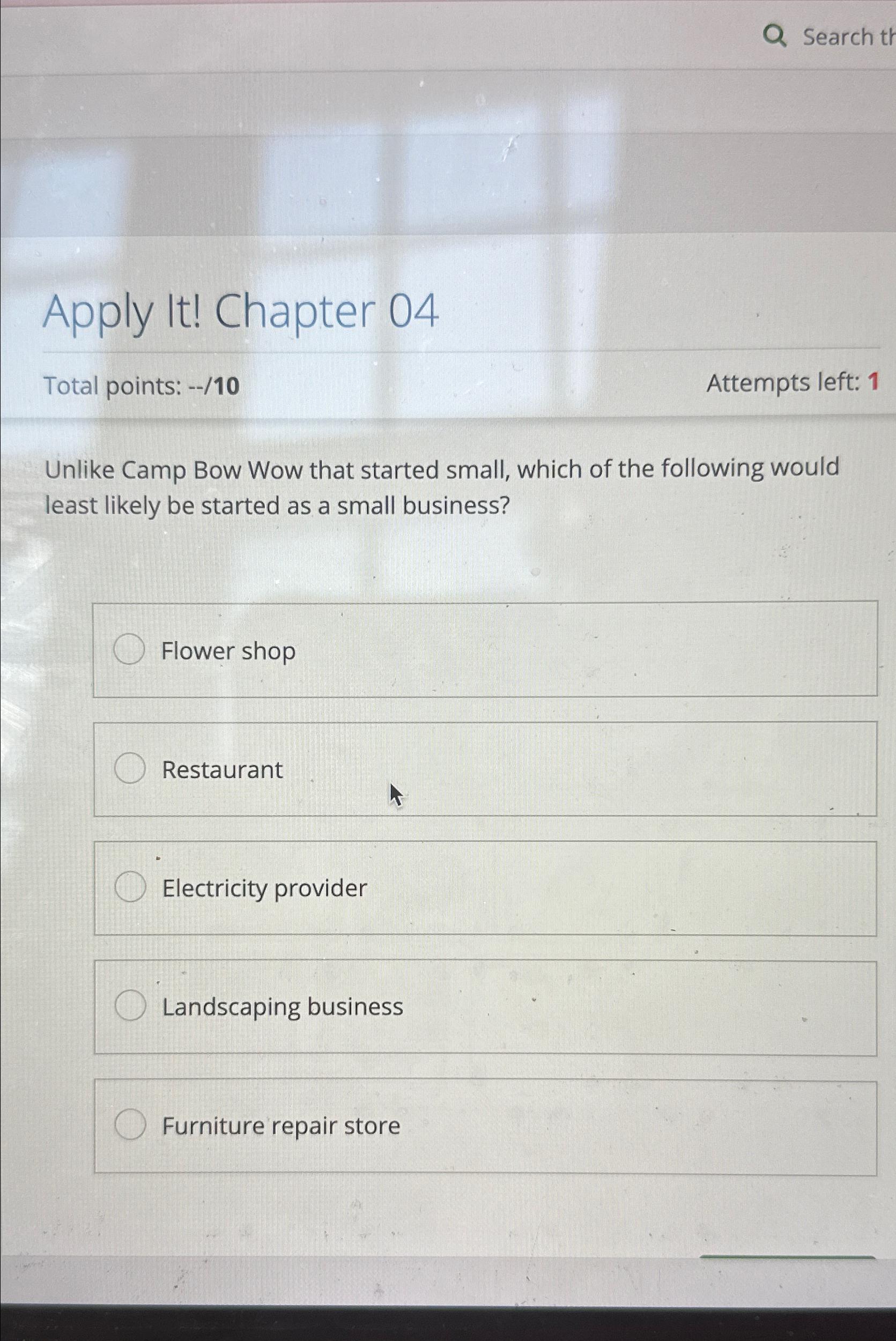  Search Apply lt! Chapter 04 Total points: --/10 Attempts left: 1