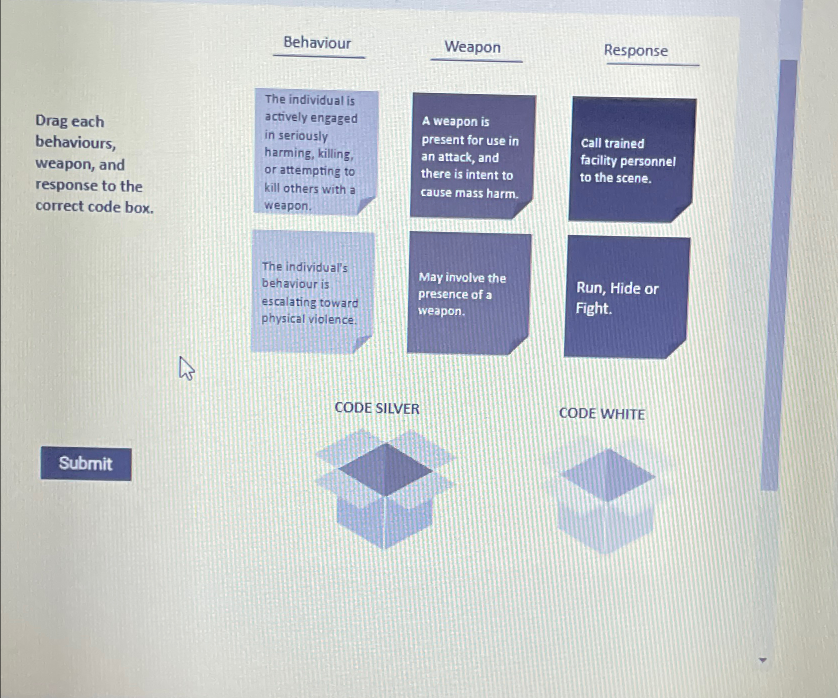  Behaviour Weapon Response Drag each behaviours, weapon, and response to the