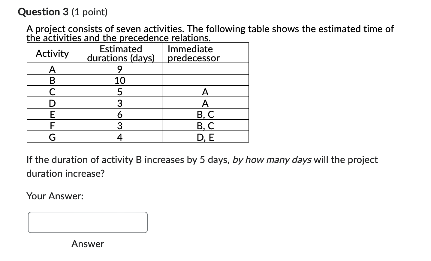  Question 3(1 point) A project consists of seven activities. The following