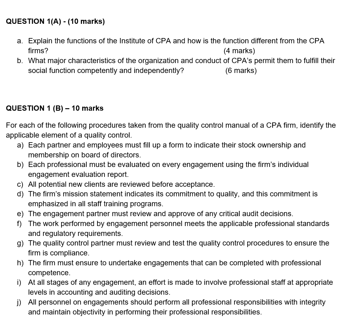 AUDITING & ASSURANCE SERVICES accounting QUESTION 1(A) - (10 marks) a.