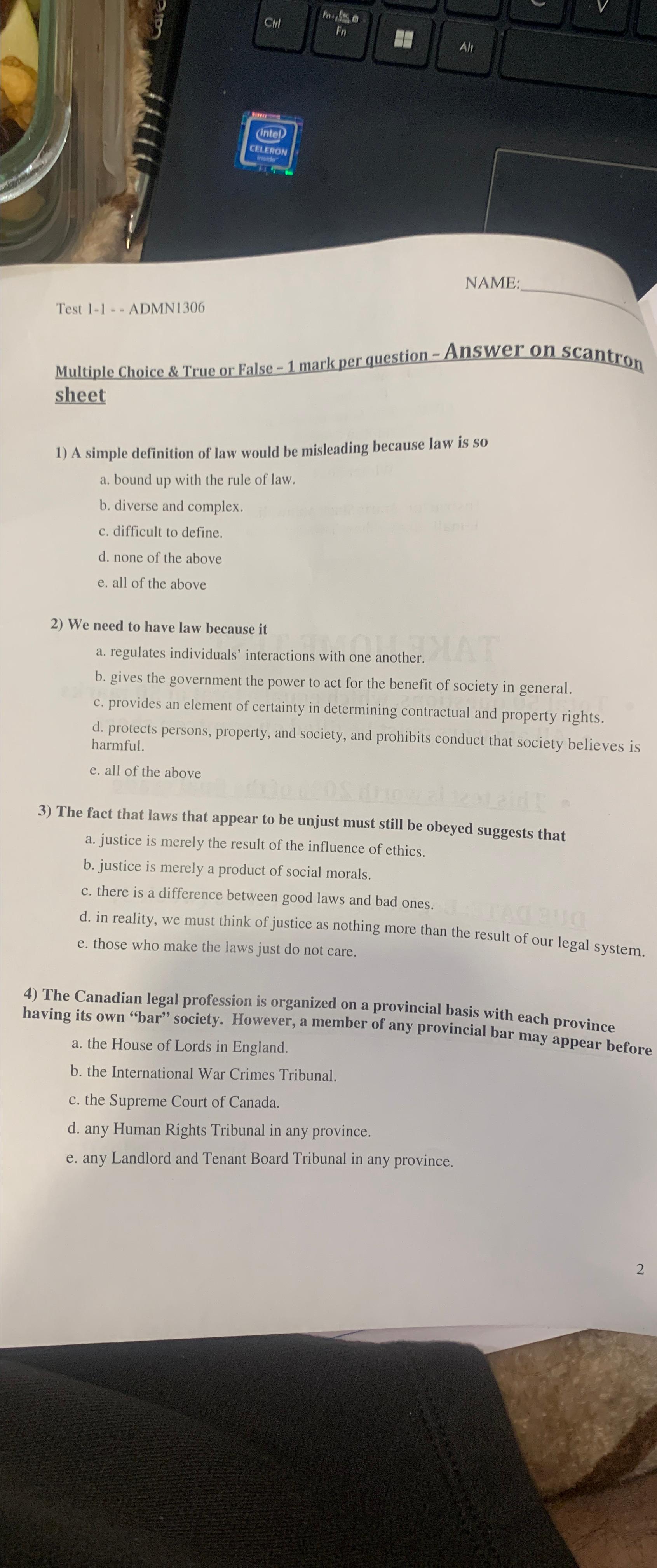  Cill Fn All Test 1-1-- ADMN 1306 NAME: Multiple Choice &
