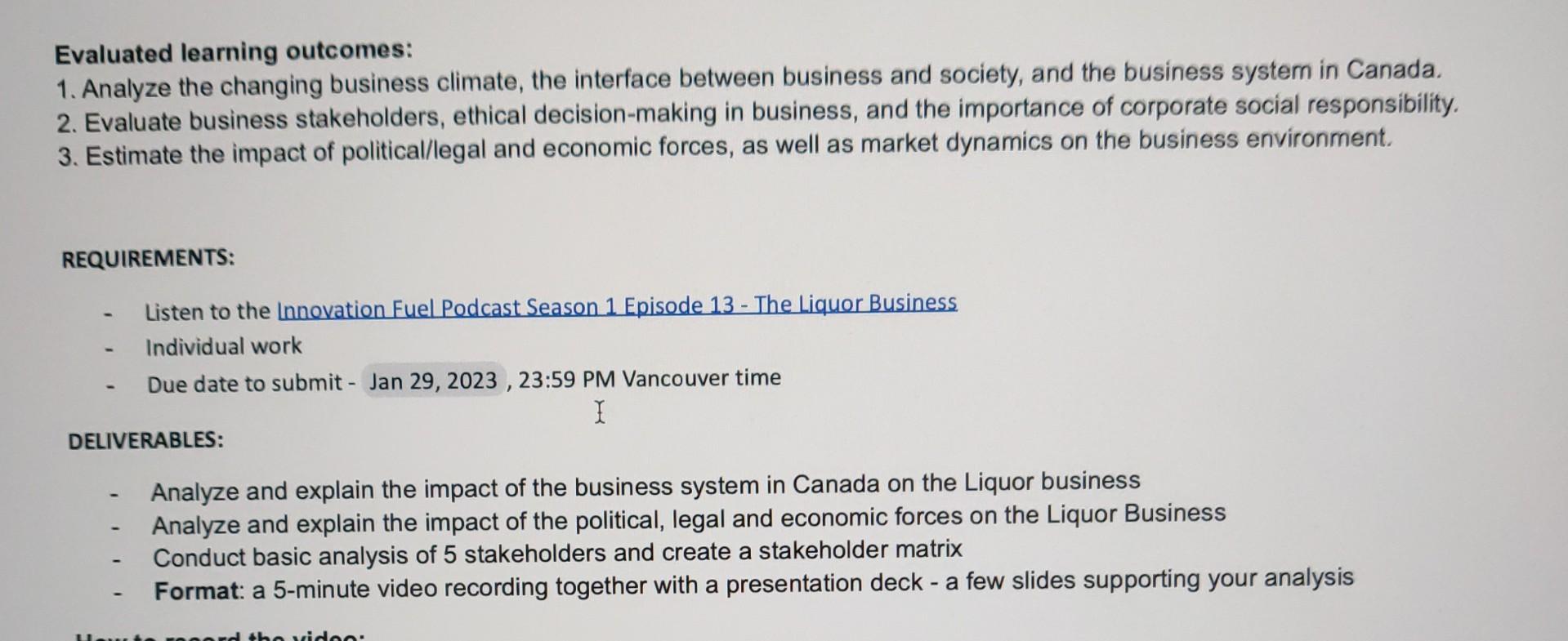  Evaluated learning outcomes: 1. Analyze the changing business climate, the interface