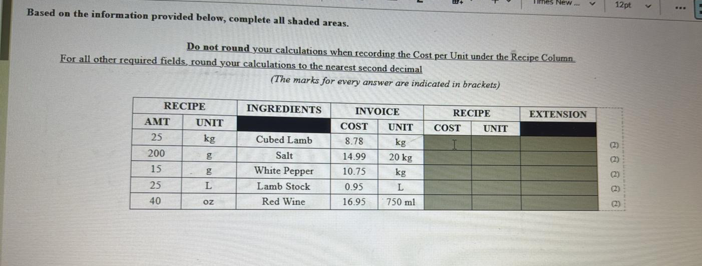  Based on the information provided below, complete all shaded areas. Do