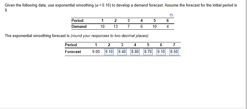  Given the following data, use exponential smoothing (=0.10) to develop a