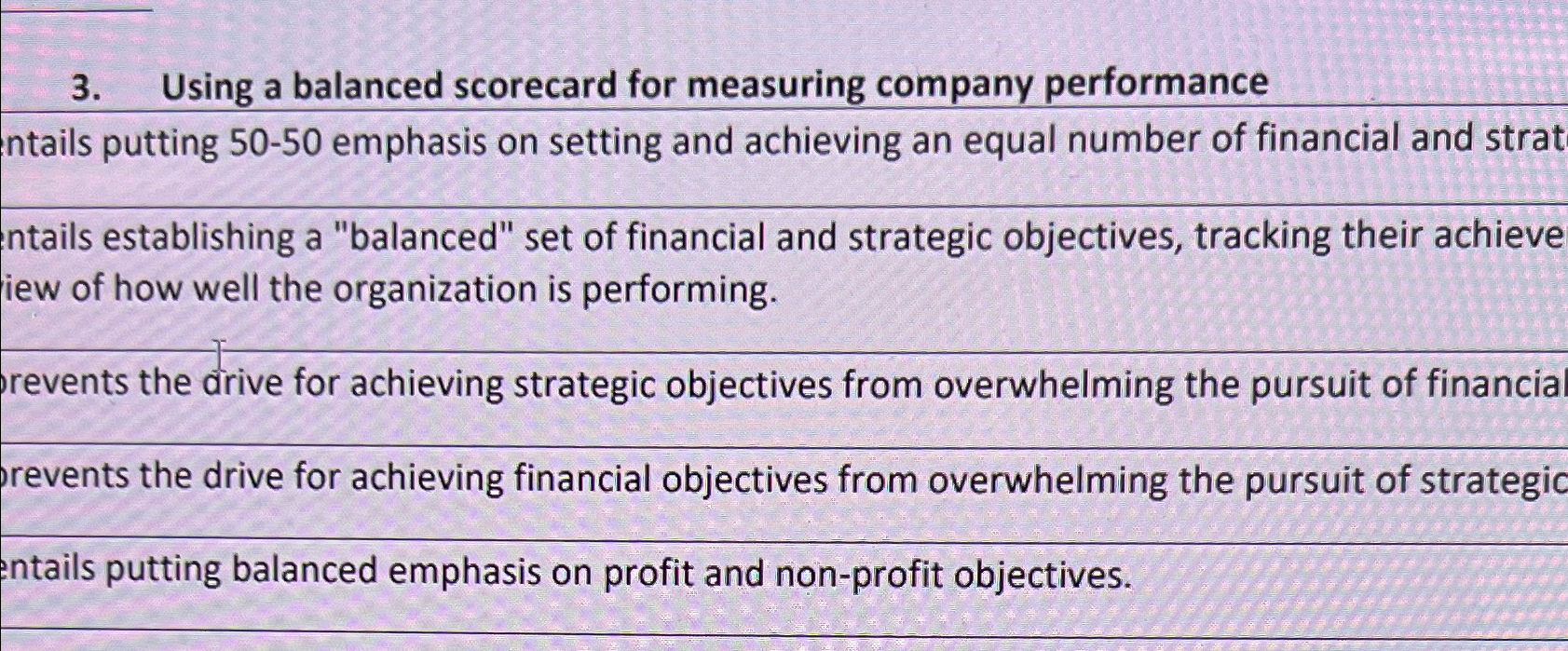  Using a balanced scorecard for measuring company performance intails putting 50-50