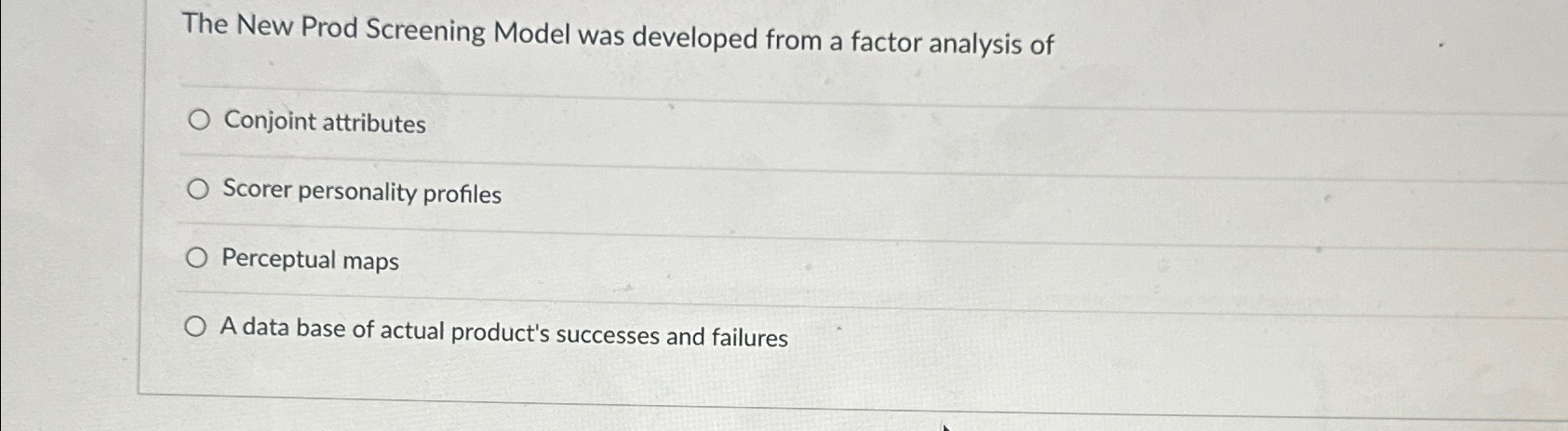  The New Prod Screening Model was developed from a factor analysis