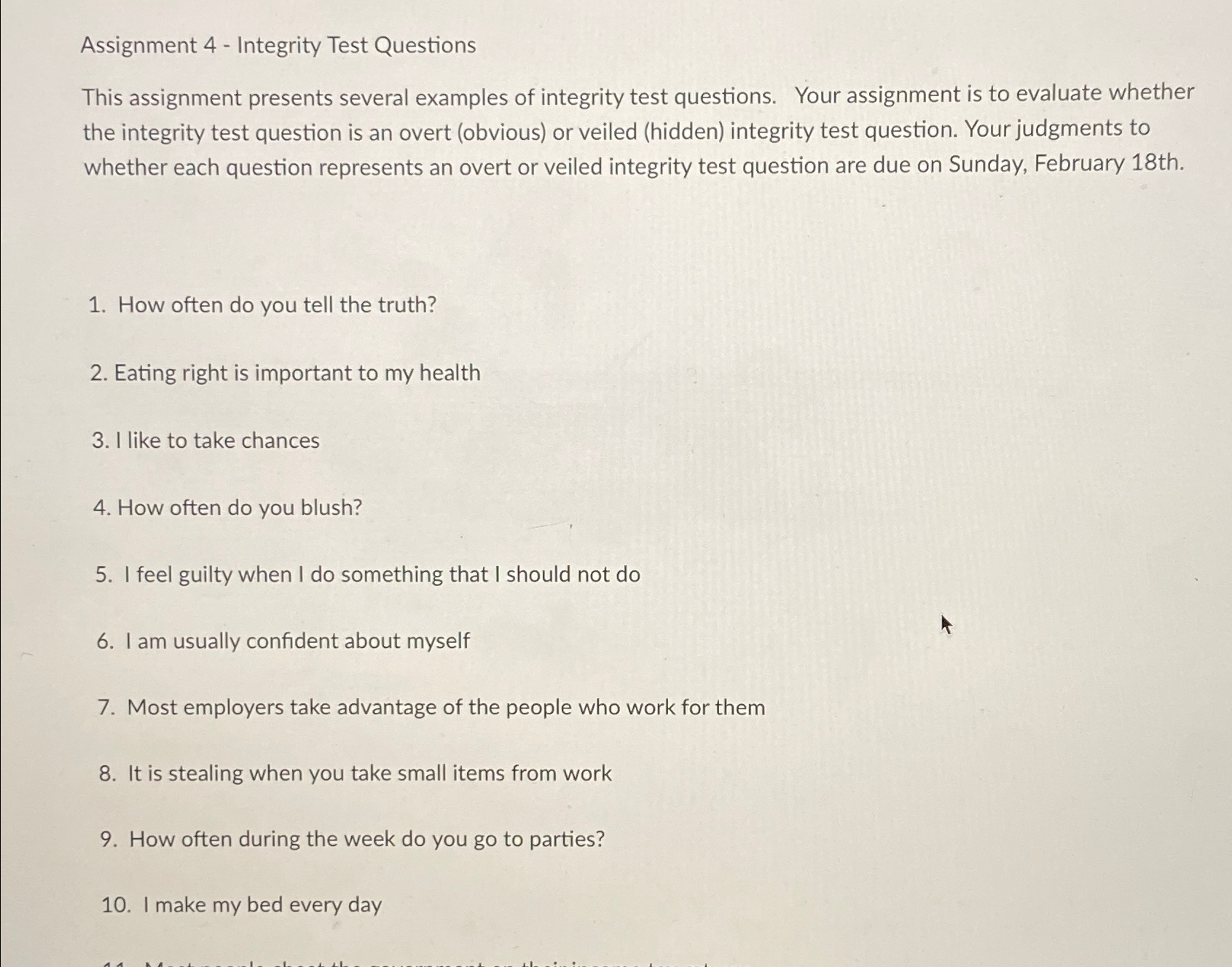  Assignment 4- Integrity Test Questions This assignment presents several examples of