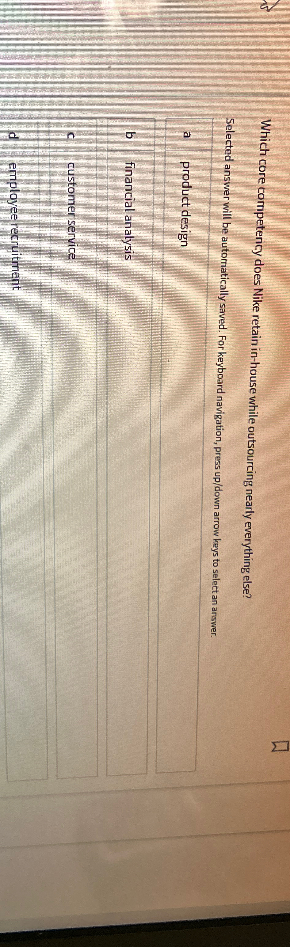  Which core competency does Nike retain in-house while outsourcing nearly everything