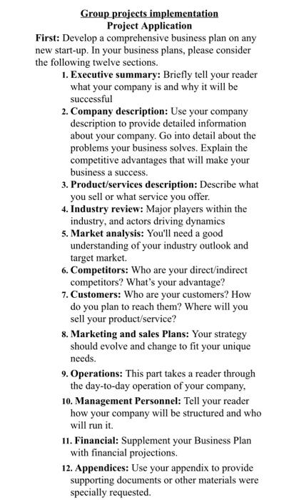  Group projects implementation Project Application rst: Develop a comprehensive business plan