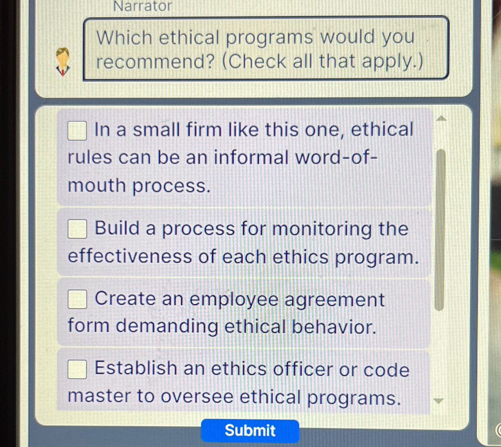  Narrator Which ethical programs would you recommend? (Check all that apply.)
