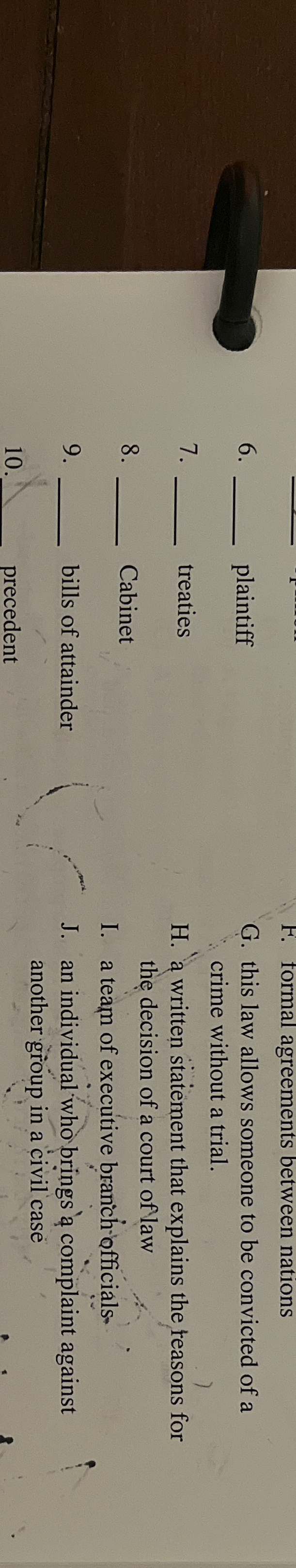 F. tormal agreements between nations 6. plaintiff G. this law allows