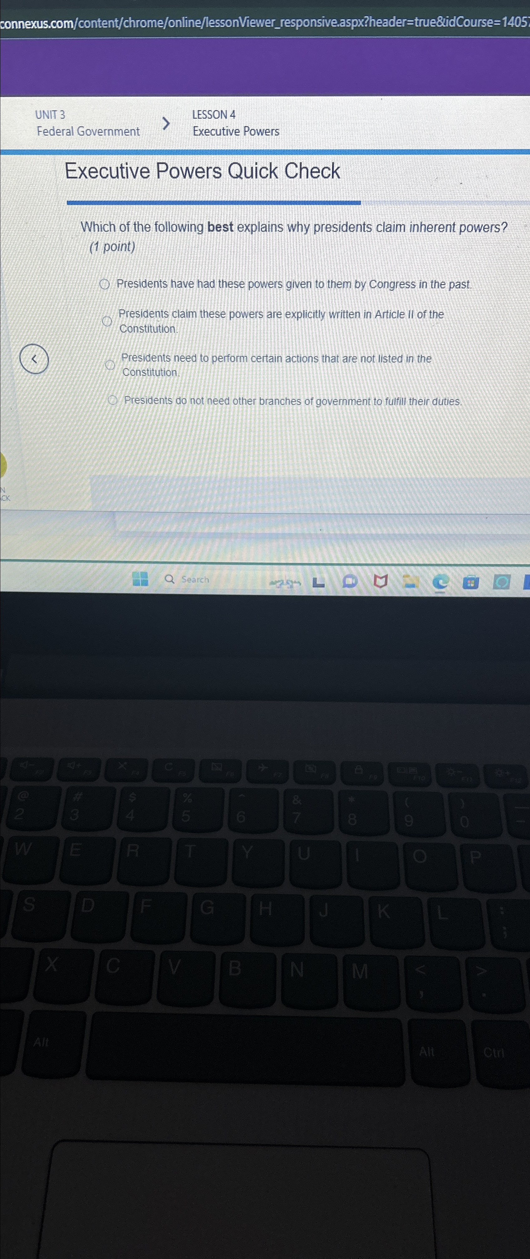  connexus,com/content/chrome/online/lessonViewer_responsive.aspx?header=true&idCCourse=1405 UNIT 3 LESSON 4 Federal Government Executive Powers Executive Powers