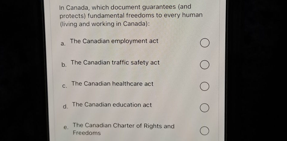  In Canada, which document guarantees (and protects) fundamental freedoms to every