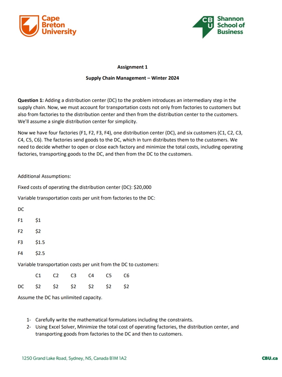  Supply Chain Management - Winter 2024 Question 1: Adding a distribution