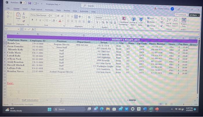 a spreadsheet called Employee Data which contains the following: 1) Name the